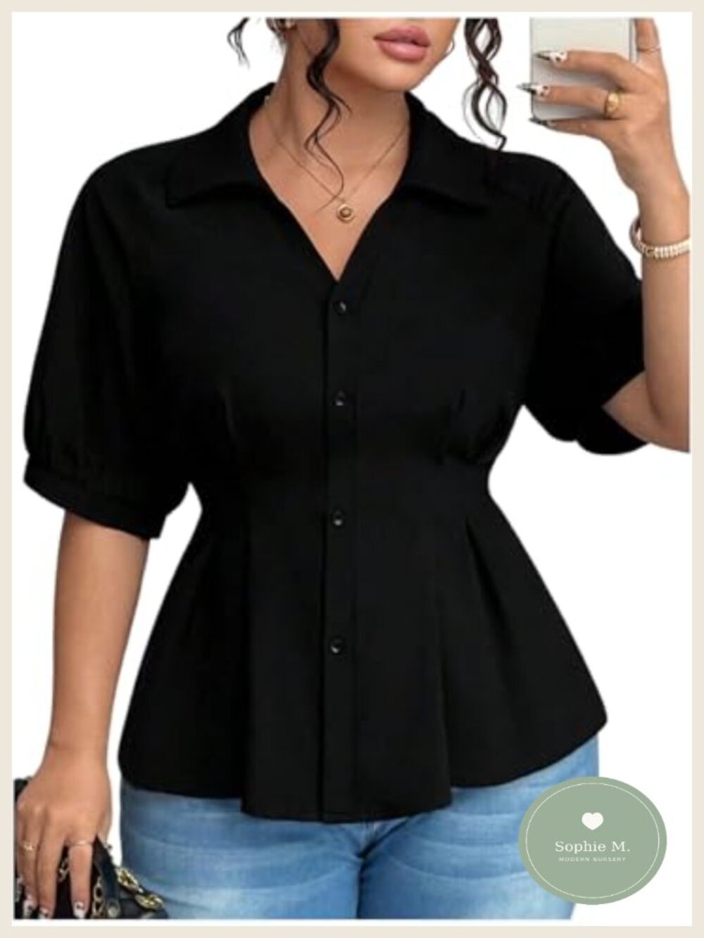 Women's Plus Size Button Down Peplum Blouse with Puff Sleeves